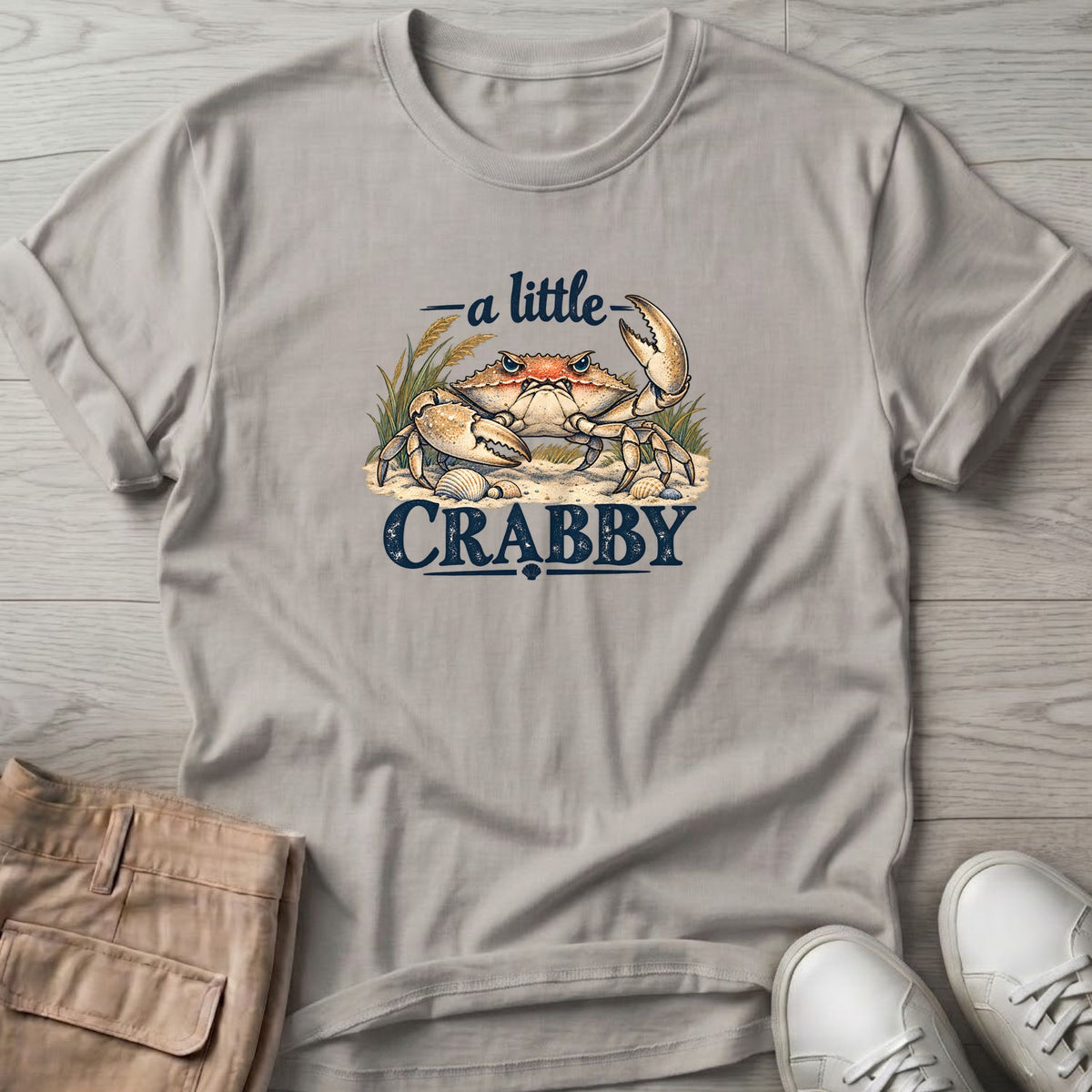 A Little Crabby Crab T-Shirt in Ice Grey, Salty Paws Soft Style T-Shirt, front design flat lay