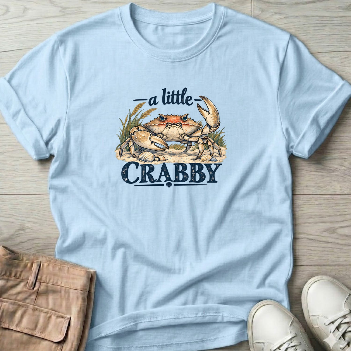 A Little Crabby Crab T-Shirt in Light Blue, Salty Paws Soft Style T-Shirt, front design flat lay