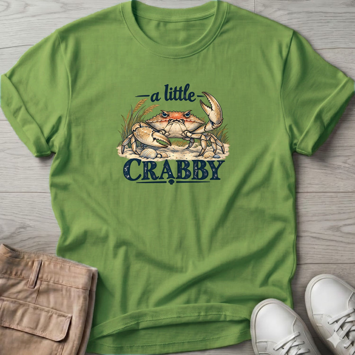 A Little Crabby Crab T-Shirt in Lime, Salty Paws Soft Style T-Shirt, front design flat lay