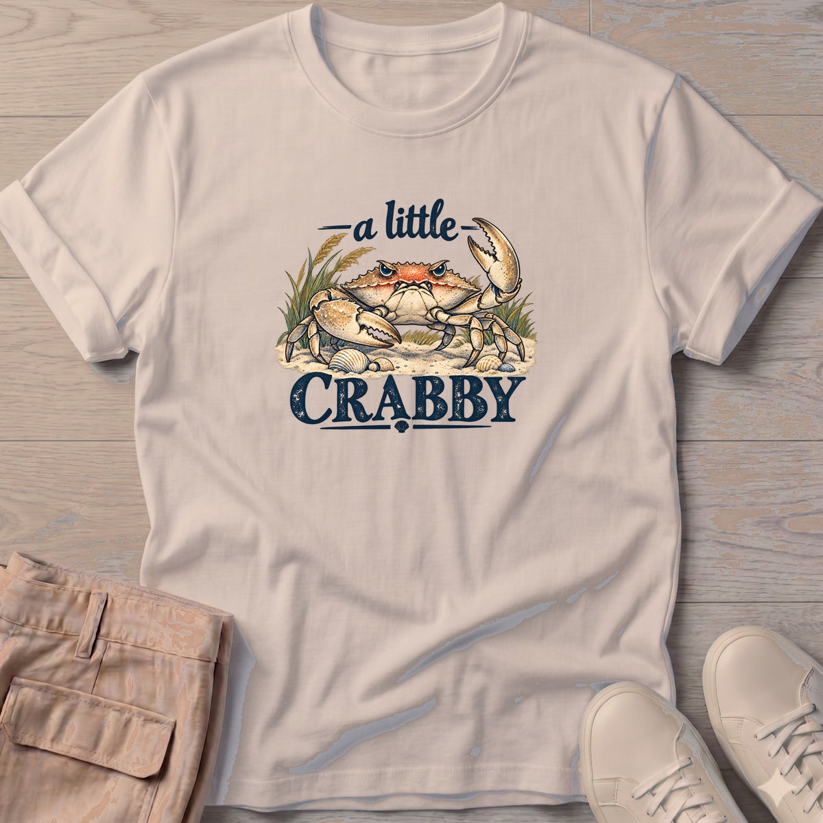 A Little Crabby Crab T-Shirt in Sand, Salty Paws Soft Style T-Shirt, front design flat lay