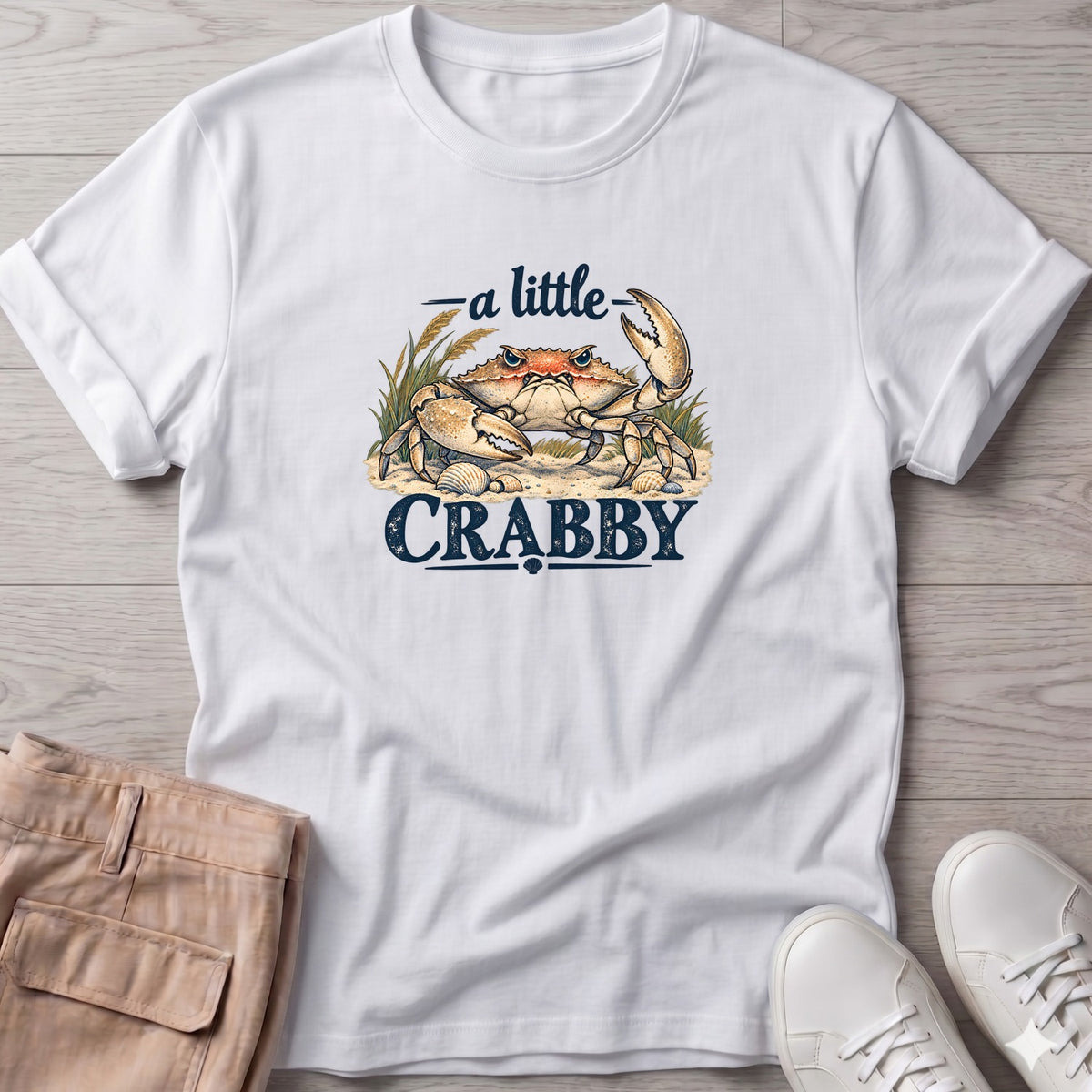 A Little Crabby Crab T-Shirt in White, Salty Paws Soft Style T-Shirt, front design flat lay