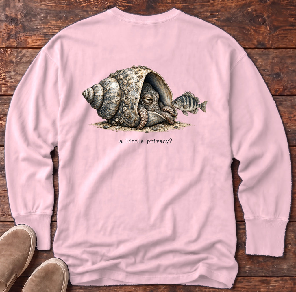 A Little Privacy? Octopus Back Design Long Sleeve Tee Comfort Colors in Blossom, Salty Paws Comfort Colors Long Sleeve Tee, back design flat lay