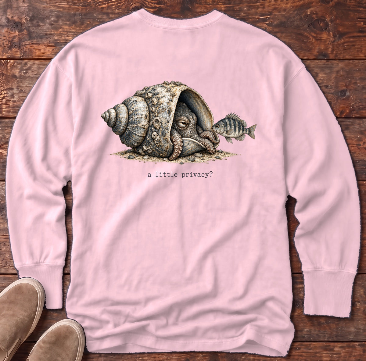 A Little Privacy? Octopus Back Design Long Sleeve Tee Comfort Colors in Blossom, Salty Paws Comfort Colors Long Sleeve Tee, back design flat lay