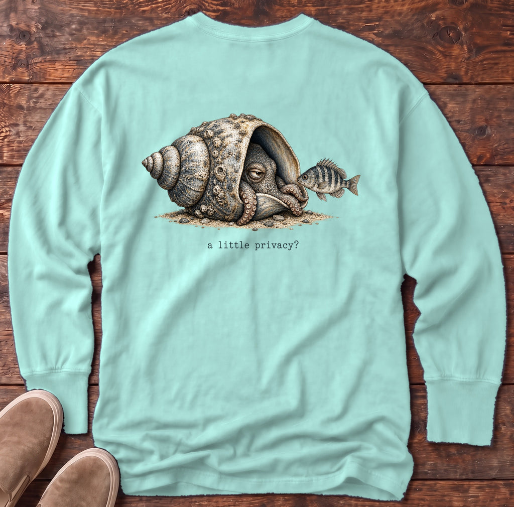 A Little Privacy? Octopus Back Design Long Sleeve Tee Comfort Colors in Chalky Mint, Salty Paws Comfort Colors Long Sleeve Tee, back design flat lay
