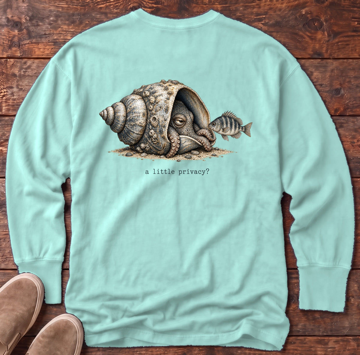 A Little Privacy? Octopus Back Design Long Sleeve Tee Comfort Colors in Chalky Mint, Salty Paws Comfort Colors Long Sleeve Tee, back design flat lay