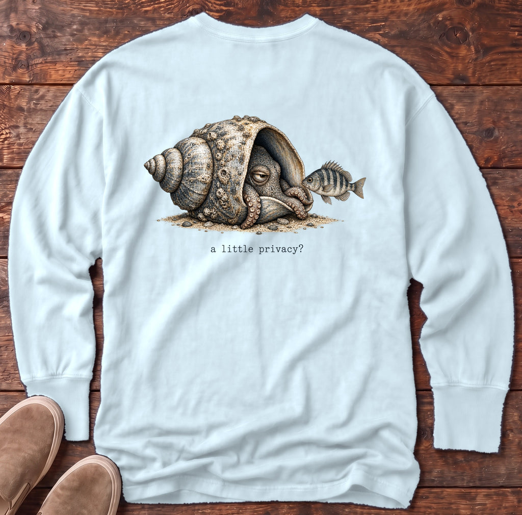 A Little Privacy? Octopus Back Design Long Sleeve Tee Comfort Colors in Chambray, Salty Paws Comfort Colors Long Sleeve Tee, back design flat lay