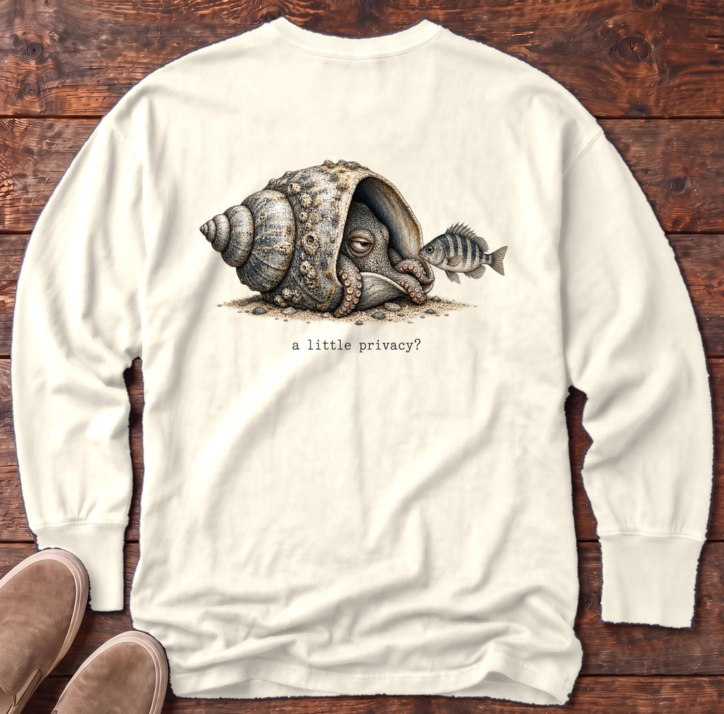 A Little Privacy? Octopus Back Design Long Sleeve Tee Comfort Colors in Ivory, Salty Paws Comfort Colors Long Sleeve Tee, back design flat lay
