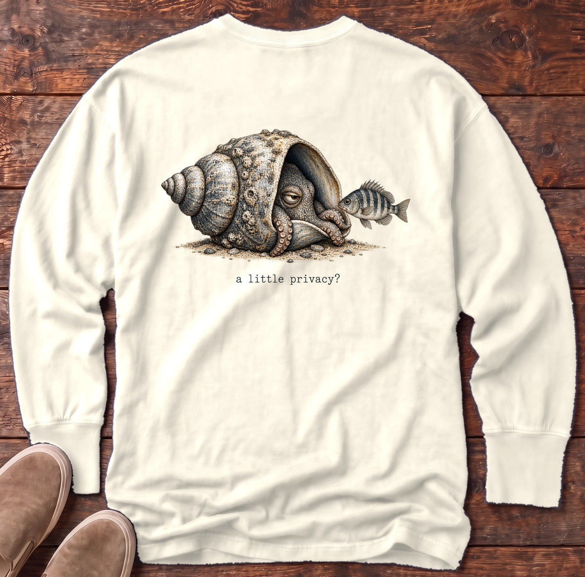 A Little Privacy? Octopus Back Design Long Sleeve Tee Comfort Colors in Ivory, Salty Paws Comfort Colors Long Sleeve Tee, back design flat lay