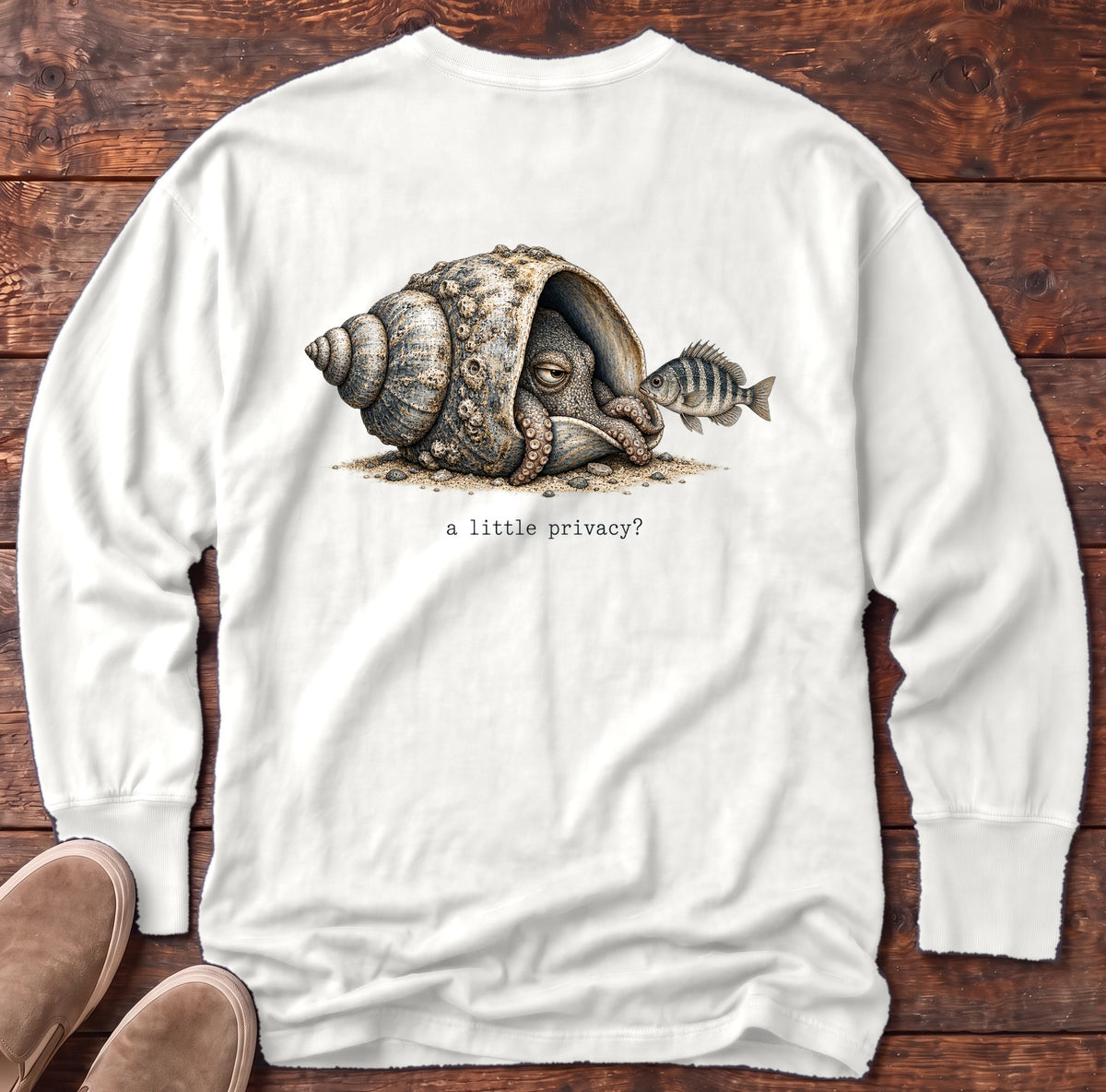 A Little Privacy? Octopus Back Design Long Sleeve Tee Comfort Colors in White, Salty Paws Comfort Colors Long Sleeve Tee, back design flat lay