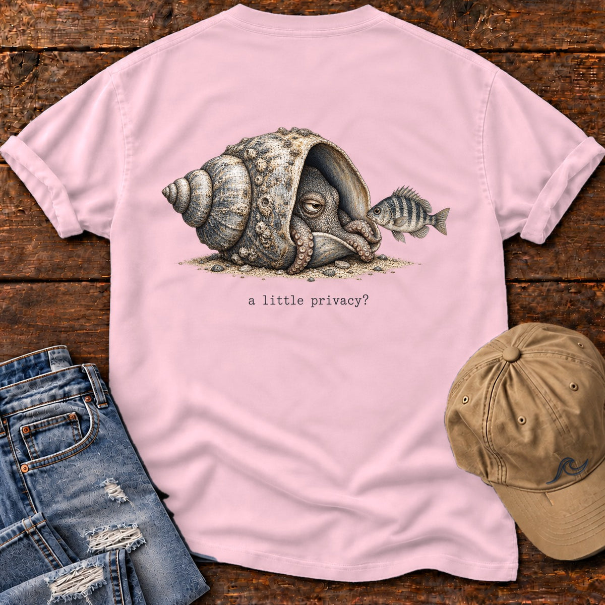A Little Privacy? Octopus Back Design T-Shirt Comfort Colors in Blossom, Salty Paws Comfort Colors T-Shirt, back design flat lay
