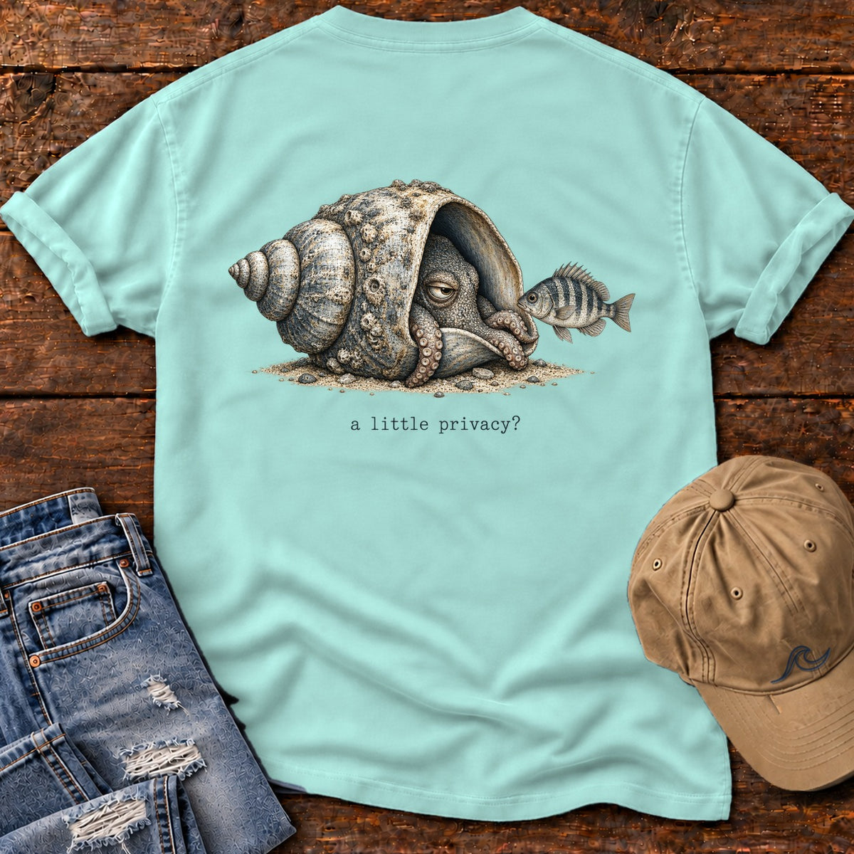 A Little Privacy? Octopus Back Design T-Shirt Comfort Colors in Chalky Mint, Salty Paws Comfort Colors T-Shirt, back design flat lay