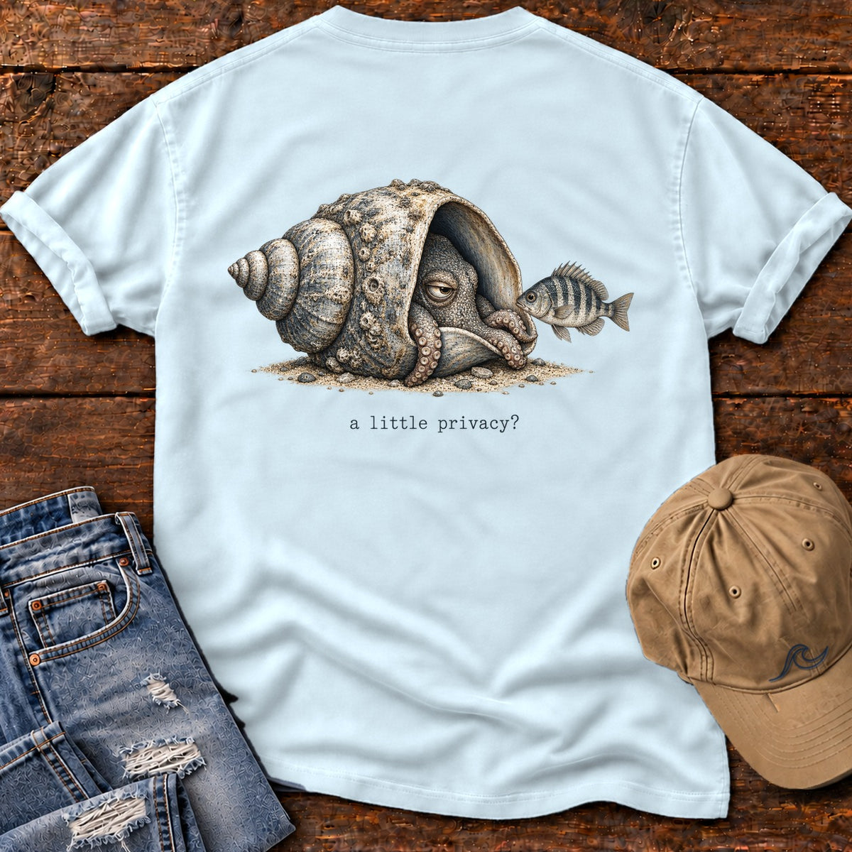 A Little Privacy? Octopus Back Design T-Shirt Comfort Colors in Chambray, Salty Paws Comfort Colors T-Shirt, back design flat lay