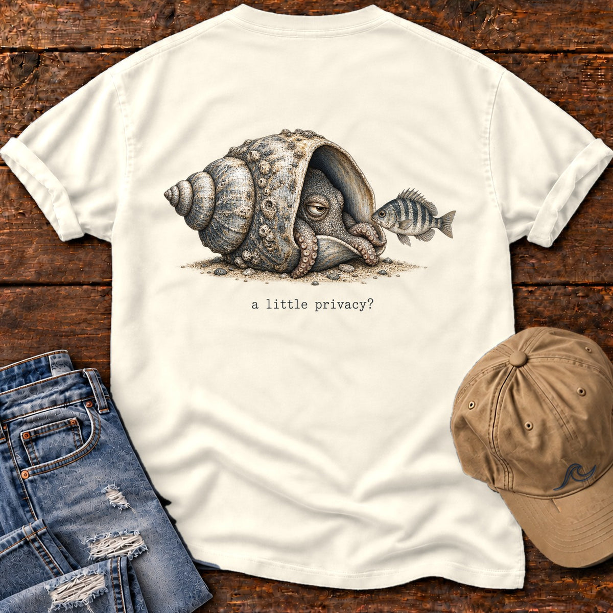 A Little Privacy? Octopus Back Design T-Shirt Comfort Colors in Ivory, Salty Paws Comfort Colors T-Shirt, back design flat lay