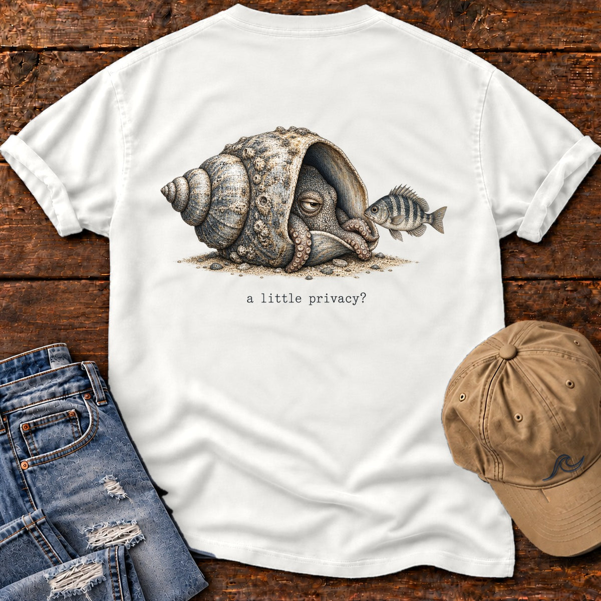 A Little Privacy? Octopus Back Design T-Shirt Comfort Colors in White, Salty Paws Comfort Colors T-Shirt, back design flat lay