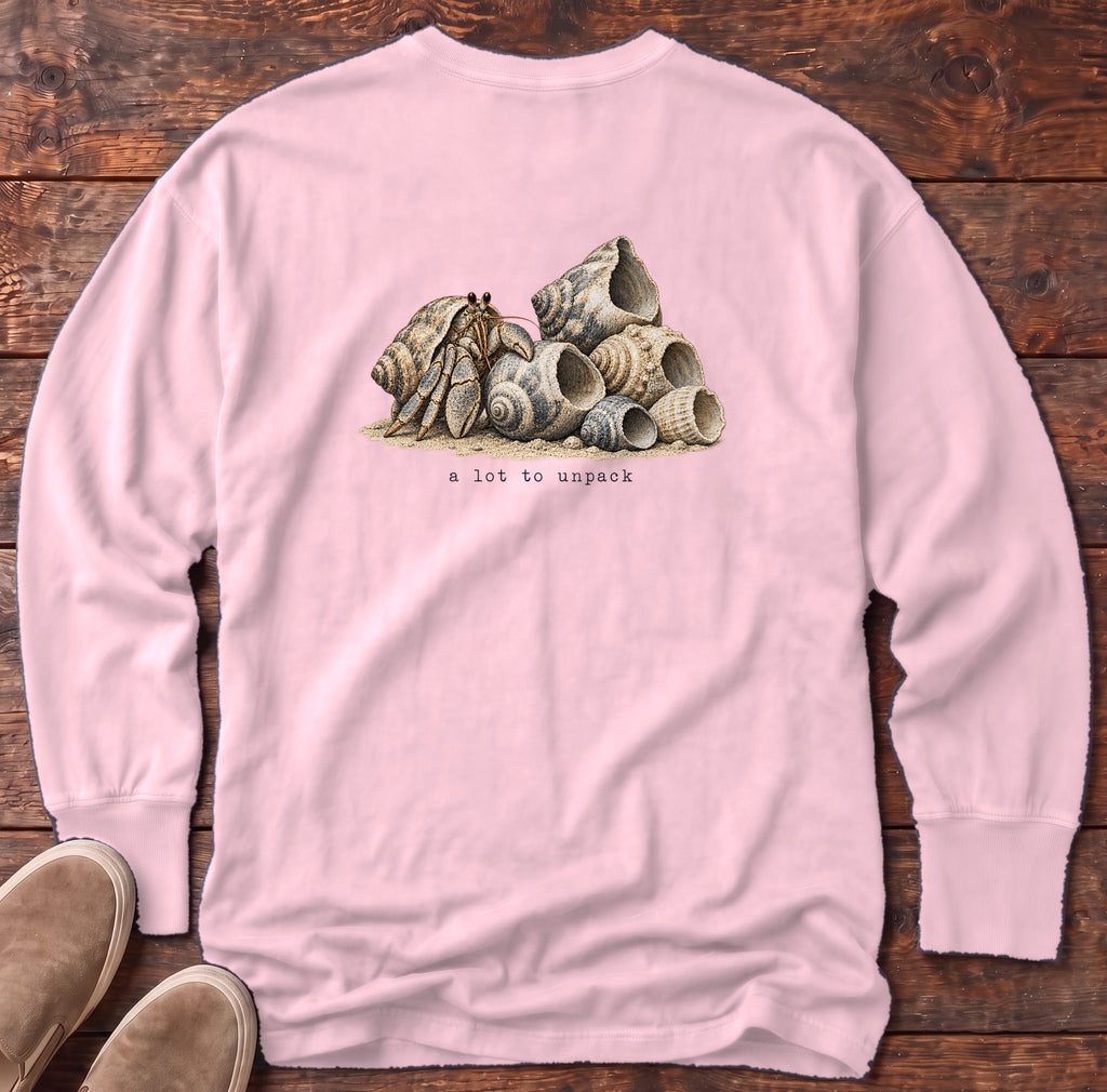 A Lot to Unpack Hermit Crab Back Design Long Sleeve Tee Comfort Colors in Blossom, Salty Paws Comfort Colors Long Sleeve Tee, back design flat lay
