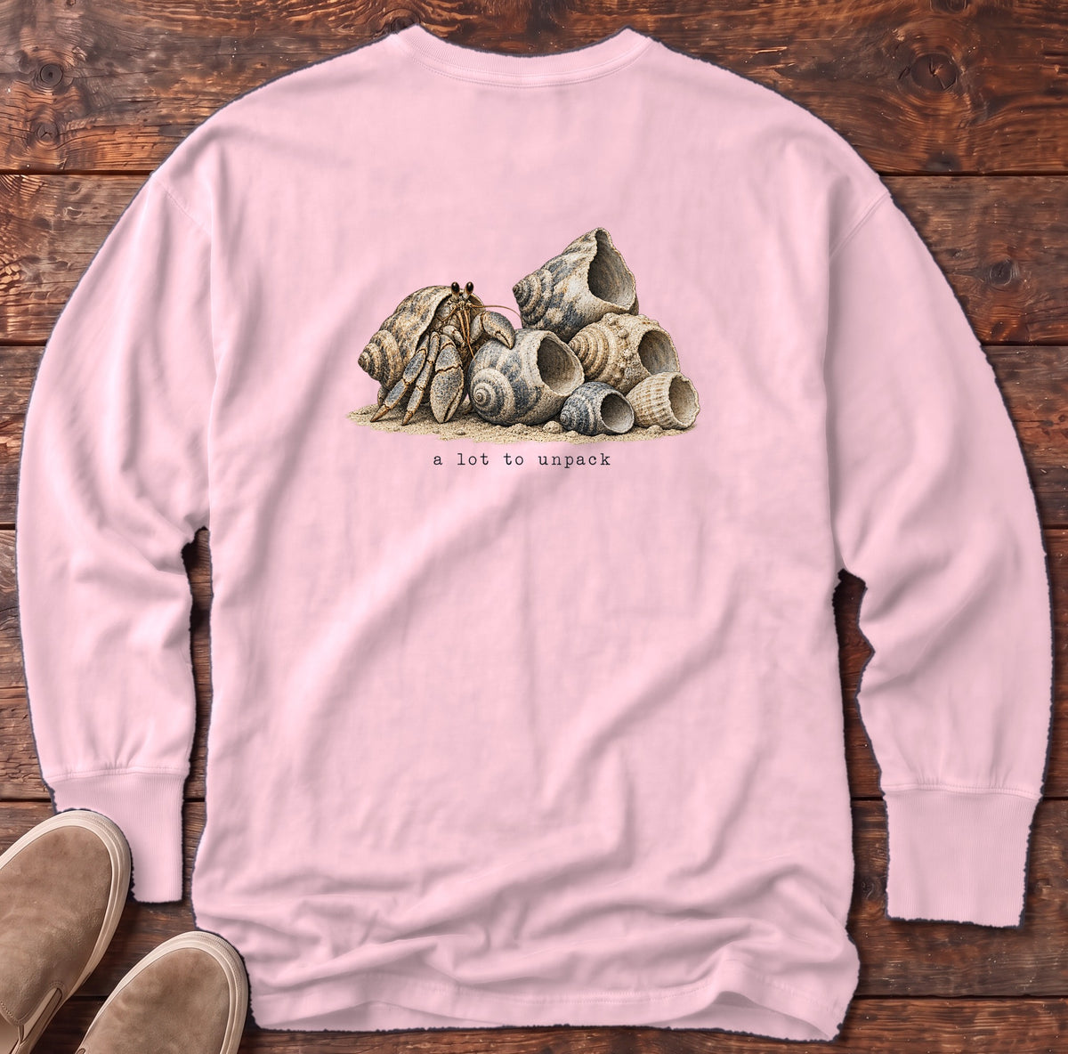 A Lot to Unpack Hermit Crab Back Design Long Sleeve Tee Comfort Colors in Blossom, Salty Paws Comfort Colors Long Sleeve Tee, back design flat lay