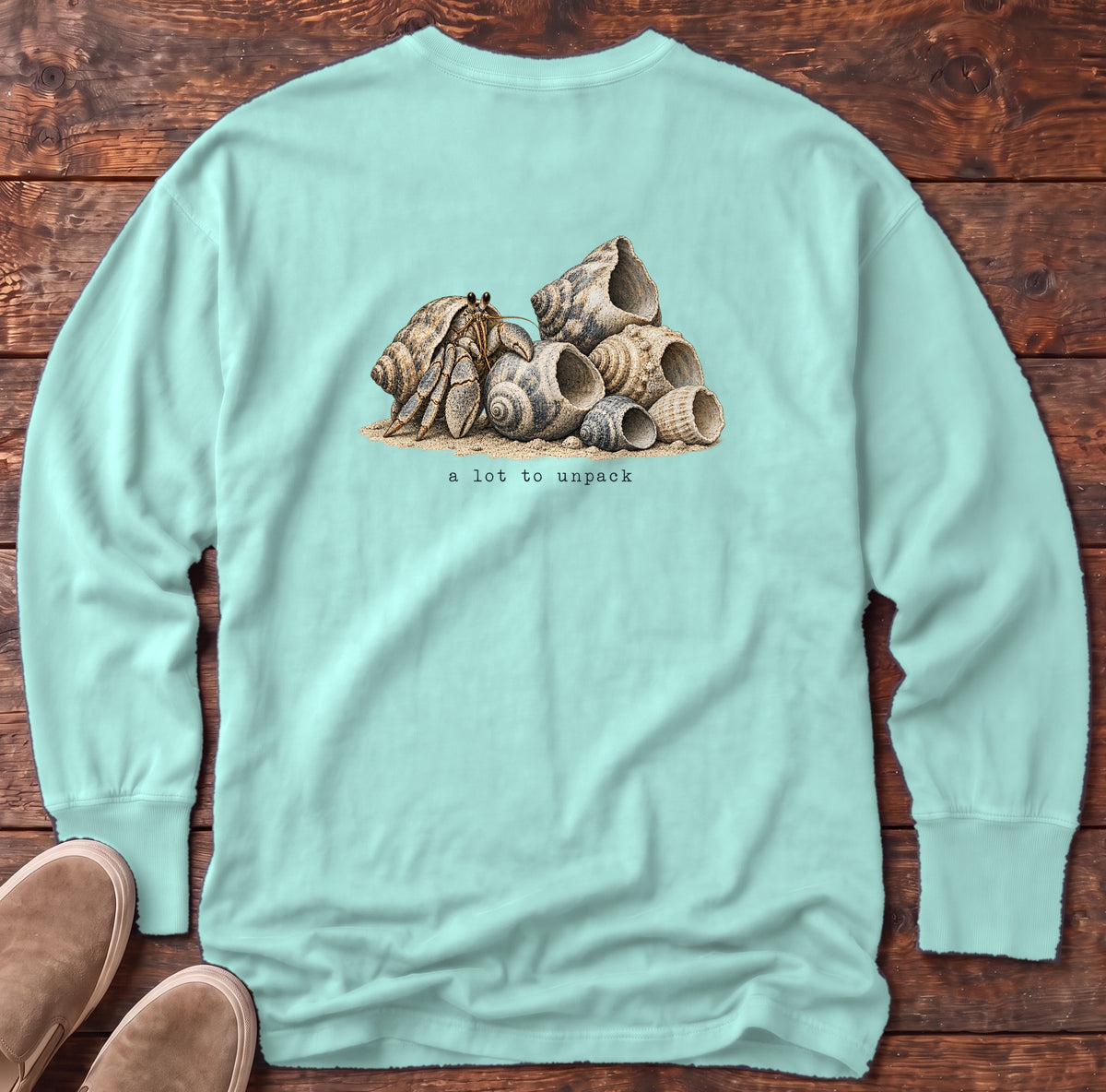 A Lot to Unpack Hermit Crab Back Design Long Sleeve Tee Comfort Colors in Chalky Mint, Salty Paws Comfort Colors Long Sleeve Tee, back design flat lay