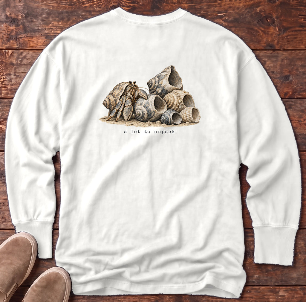 A Lot to Unpack Hermit Crab Back Design Long Sleeve Tee Comfort Colors in White, Salty Paws Comfort Colors Long Sleeve Tee, back design flat lay