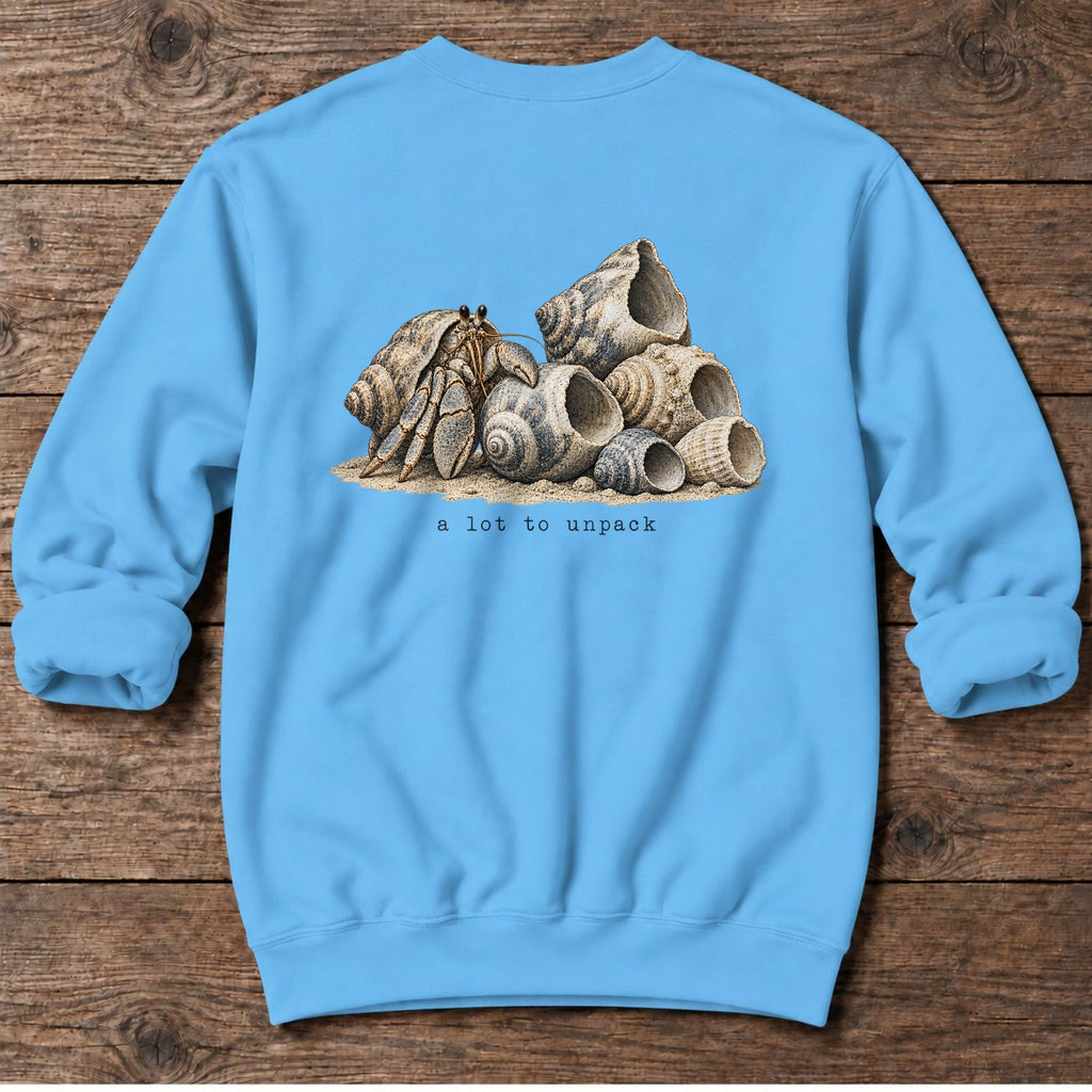 A Lot to Unpack Hermit Crab Back Design Midweight Sweatshirt in Sky, Salty Paws Midweight Sweatshirt, back design flat lay
