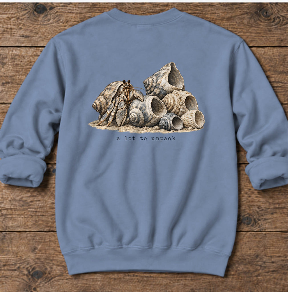 A Lot to Unpack Hermit Crab Back Design Midweight Sweatshirt in Stone Blue, Salty Paws Midweight Sweatshirt, back design flat lay