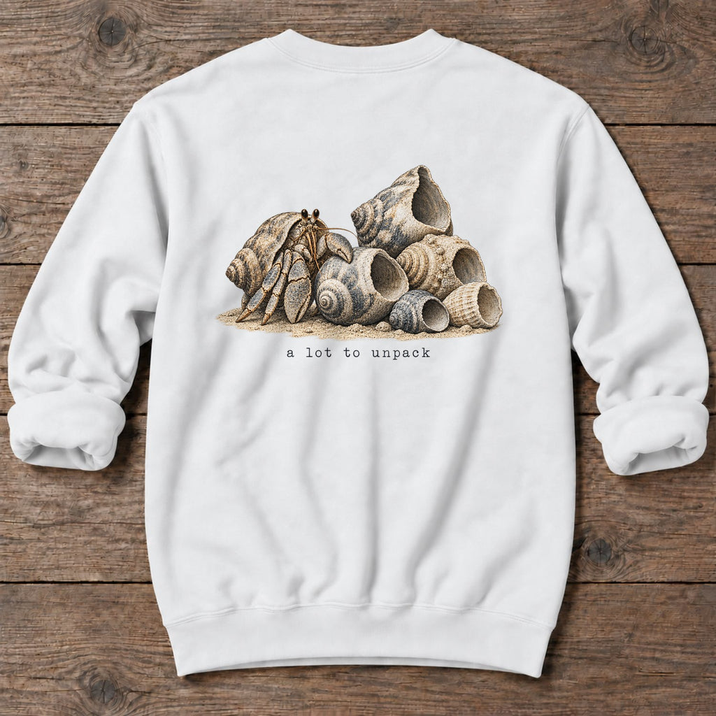 A Lot to Unpack Hermit Crab Back Design Midweight Sweatshirt in White, Salty Paws Midweight Sweatshirt, back design flat lay