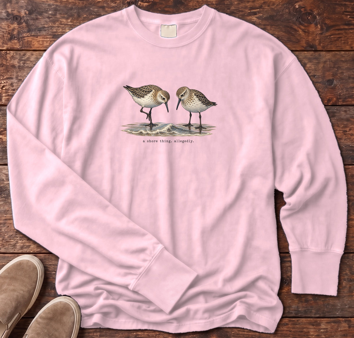 A Shore Thing, Allegedly Sandpipers Long Sleeve Tee Comfort Colors in Blossom, Salty Paws Comfort Colors Long Sleeve Tee, front design flat lay