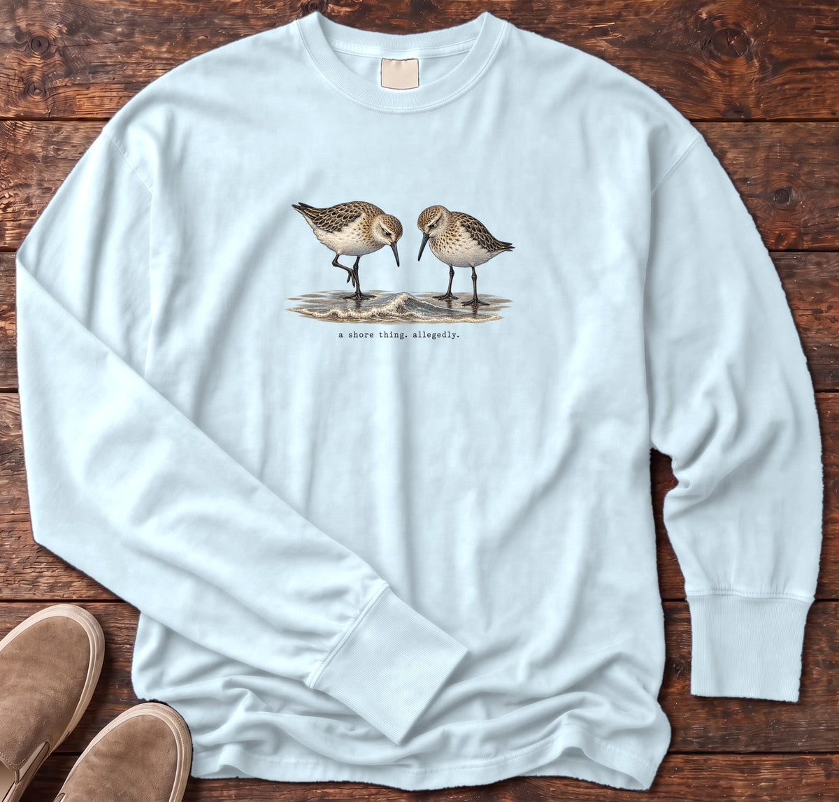 A Shore Thing, Allegedly Sandpipers Long Sleeve Tee Comfort Colors in Chambray, Salty Paws Comfort Colors Long Sleeve Tee, front design flat lay