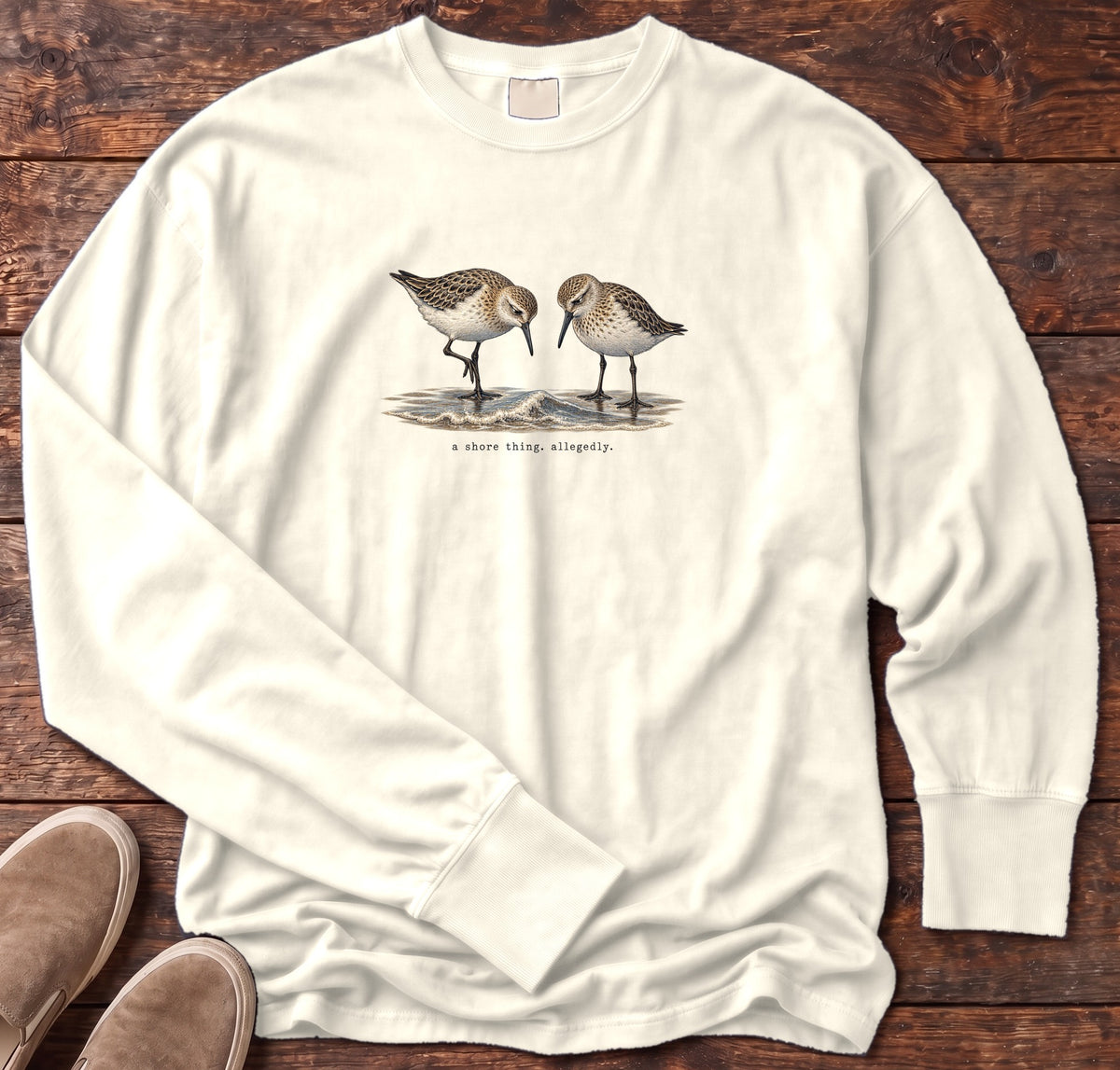 A Shore Thing, Allegedly Sandpipers Long Sleeve Tee Comfort Colors in Ivory, Salty Paws Comfort Colors Long Sleeve Tee, front design flat lay