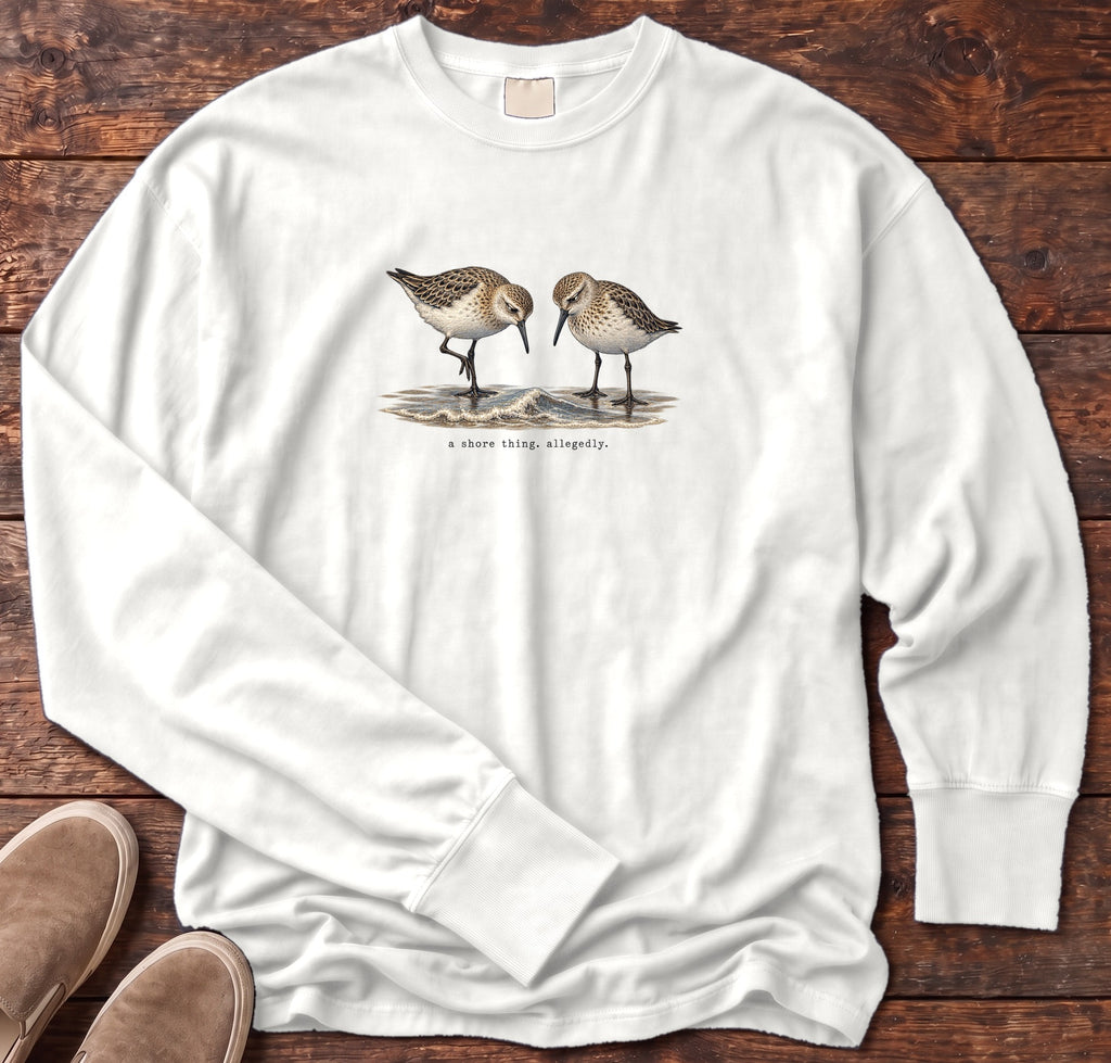A Shore Thing, Allegedly Sandpipers Long Sleeve Tee Comfort Colors in White, Salty Paws Comfort Colors Long Sleeve Tee, front design flat lay