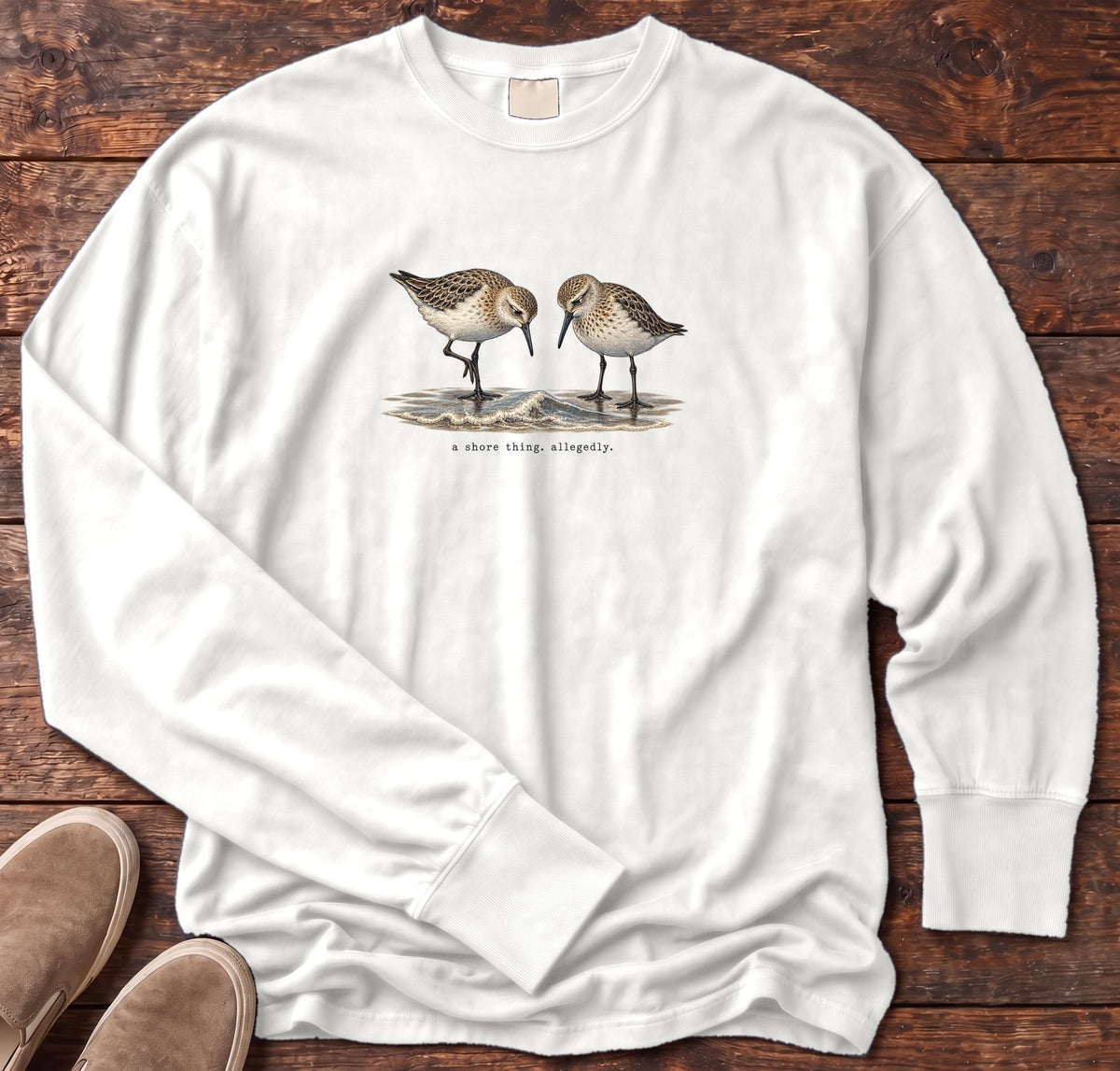 A Shore Thing, Allegedly Sandpipers Long Sleeve Tee Comfort Colors in White, Salty Paws Comfort Colors Long Sleeve Tee, front design flat lay