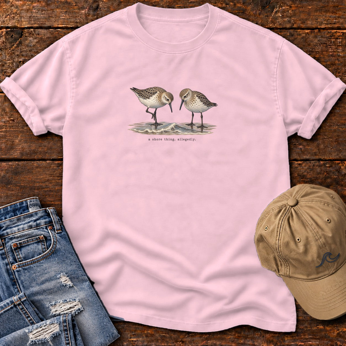 A Shore Thing, Allegedly Sandpipers T-Shirt Comfort Colors in Blossom, Salty Paws Comfort Colors T-Shirt, front design flat lay