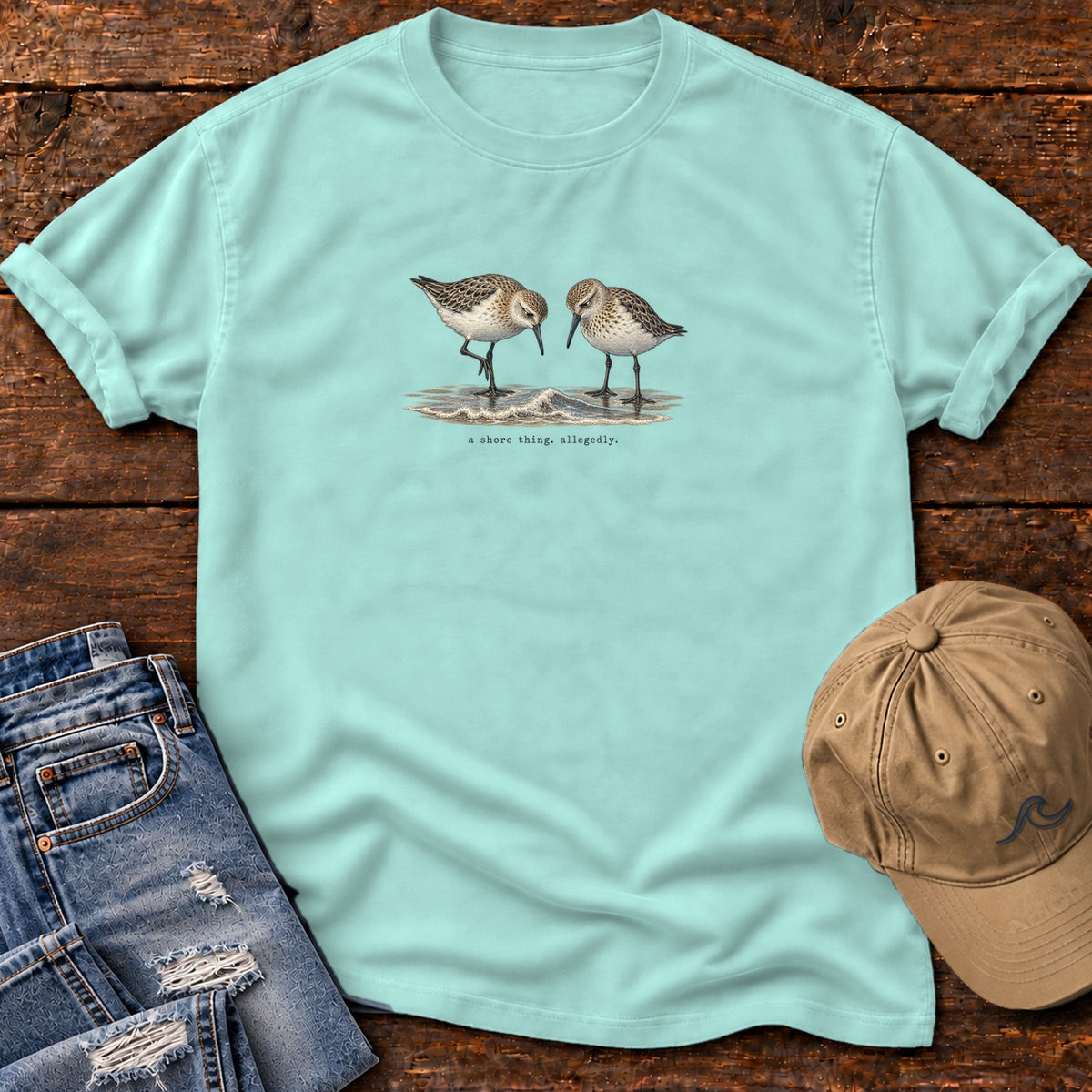 A Shore Thing, Allegedly Sandpipers T-Shirt Comfort Colors in Chalky Mint, Salty Paws Comfort Colors T-Shirt, front design flat lay
