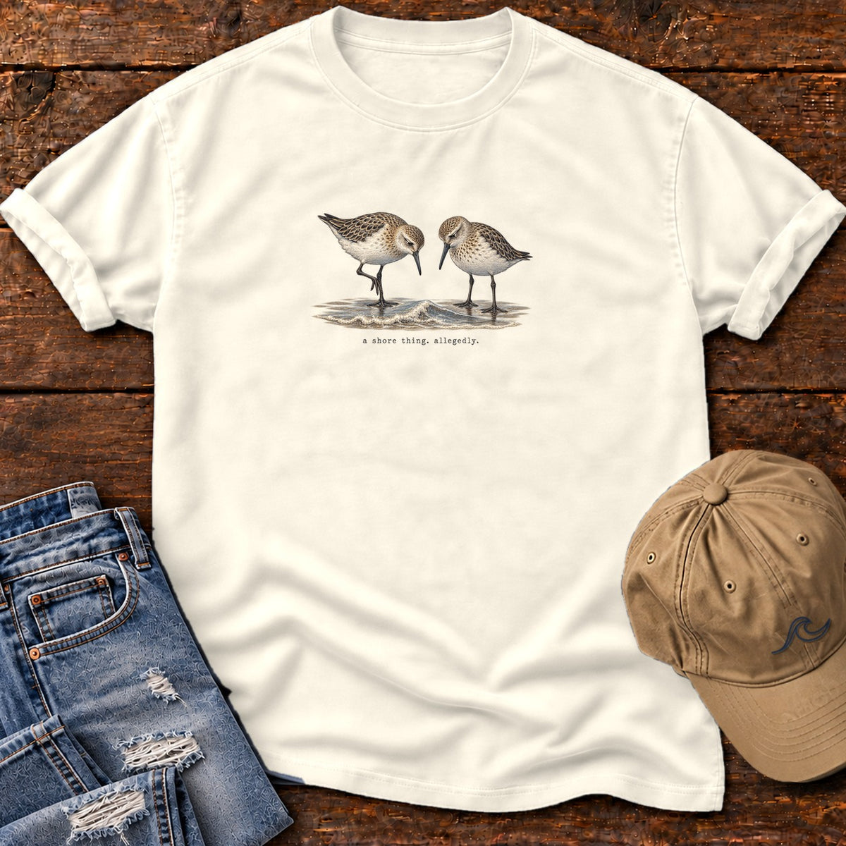 A Shore Thing, Allegedly Sandpipers T-Shirt Comfort Colors in Ivory, Salty Paws Comfort Colors T-Shirt, front design flat lay