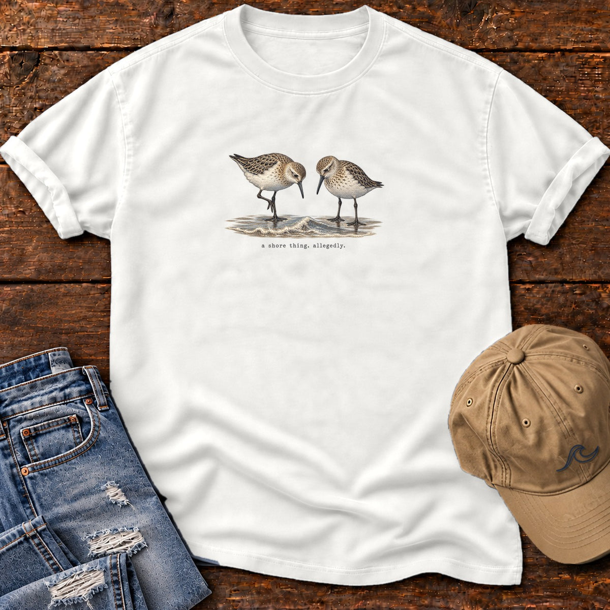 A Shore Thing, Allegedly Sandpipers T-Shirt Comfort Colors in White, Salty Paws Comfort Colors T-Shirt, front design flat lay