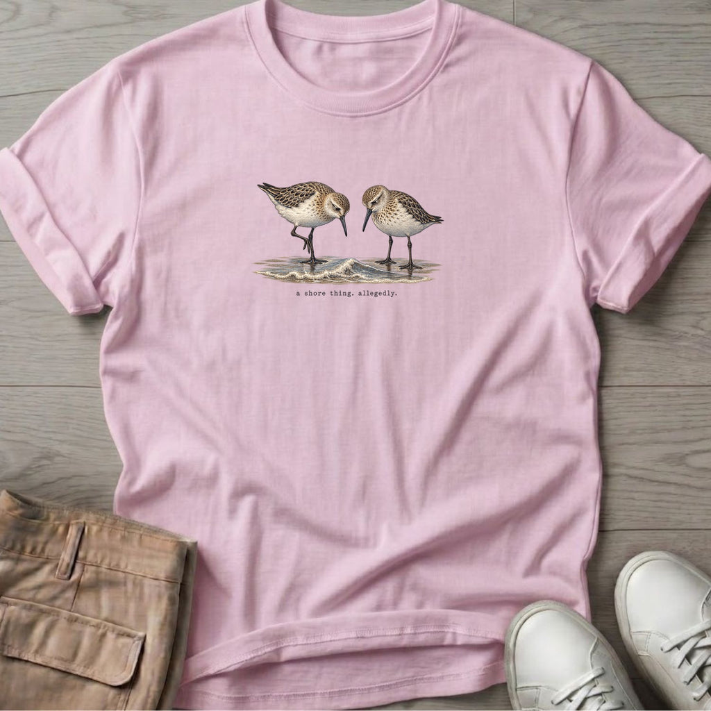 A Shore Thing, Allegedly Sandpipers T-Shirt in Light Pink, Salty Paws Soft Style T-Shirt, front design flat lay
