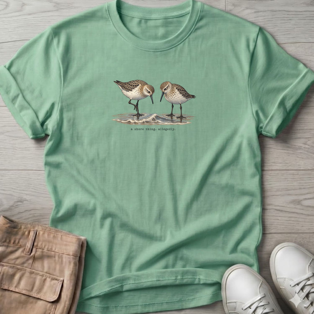 A Shore Thing, Allegedly Sandpipers T-Shirt in Mint Green, Salty Paws Soft Style T-Shirt, front design flat lay