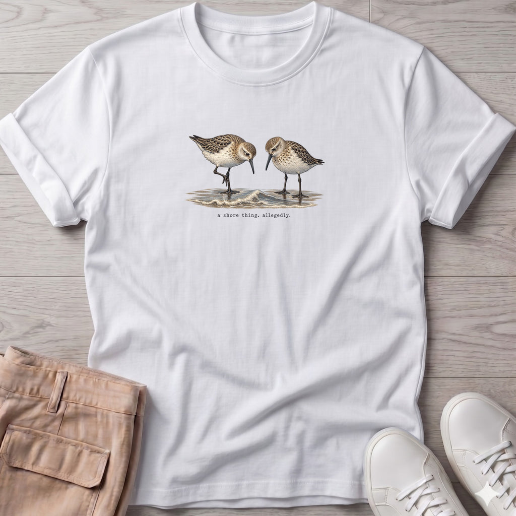 A Shore Thing, Allegedly Sandpipers T-Shirt in White, Salty Paws Soft Style T-Shirt, front design flat lay