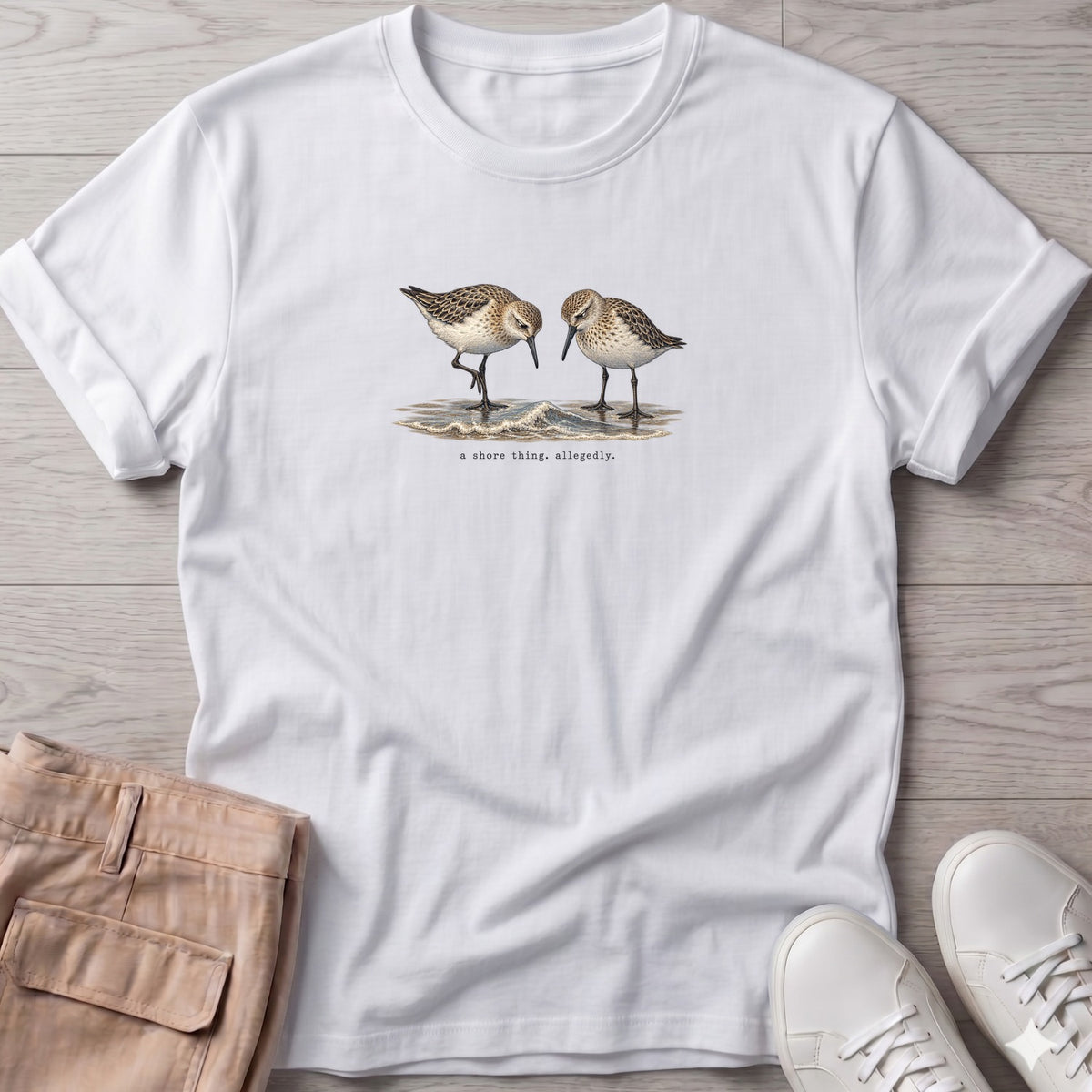 A Shore Thing, Allegedly Sandpipers T-Shirt in White, Salty Paws Soft Style T-Shirt, front design flat lay