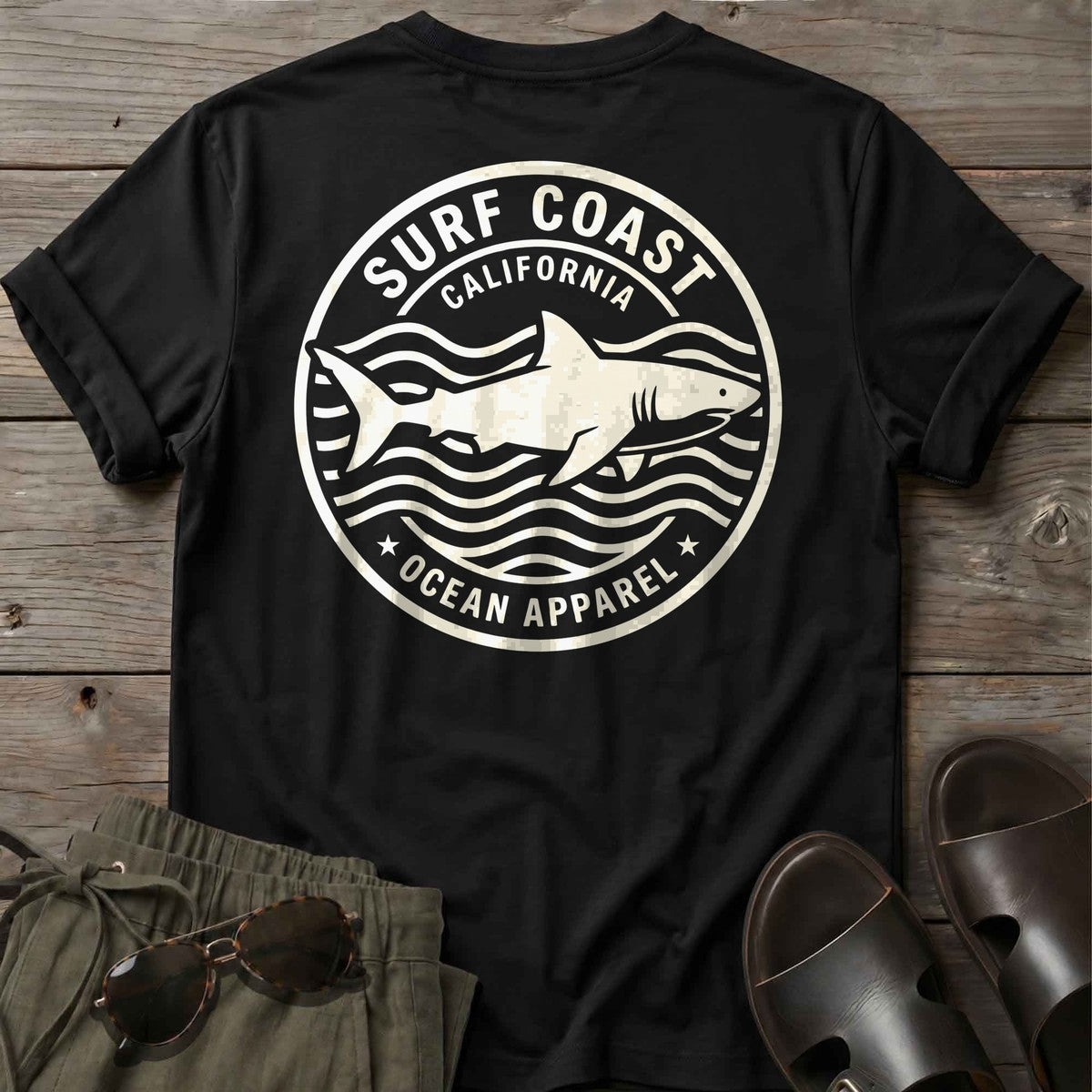 Surf Coast Shark Back Design T-Shirt in Black, Salty Paws coastal t-shirt