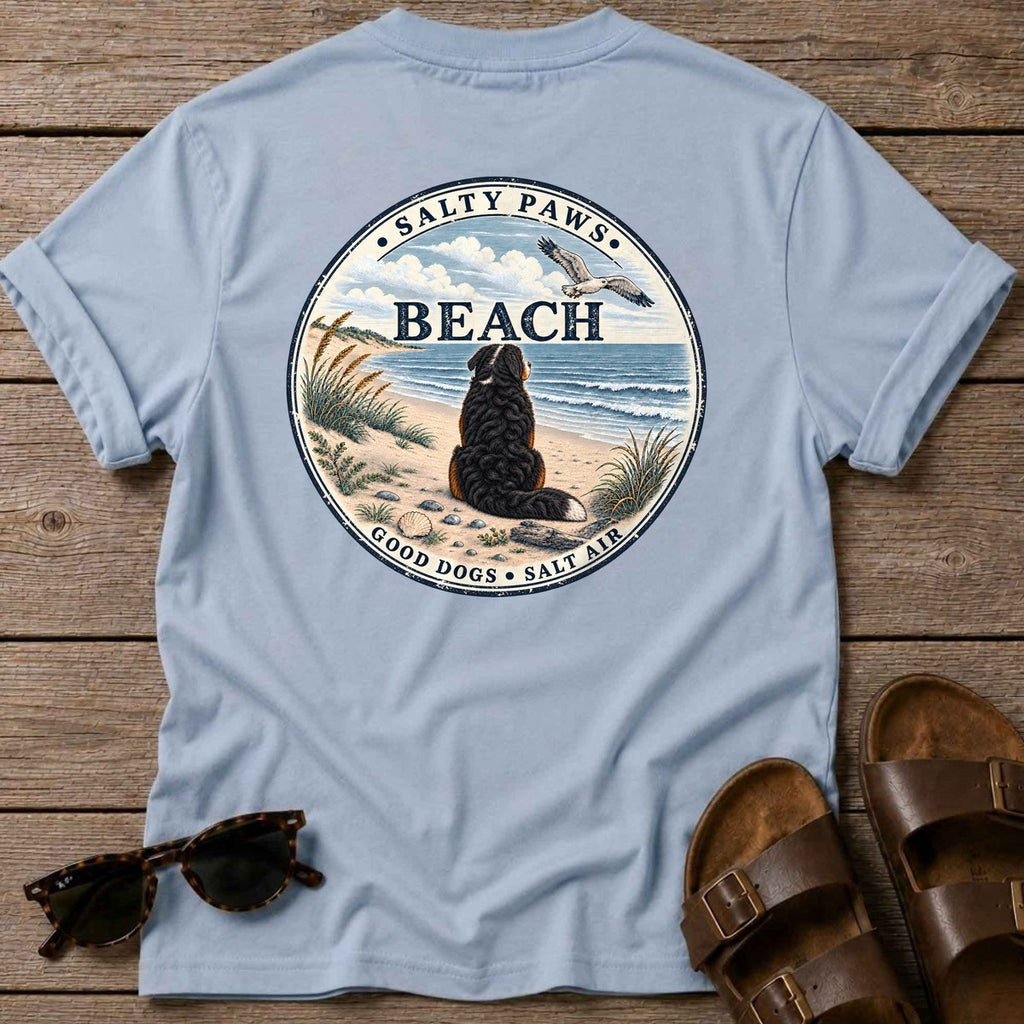 Salty Paws Beach Bernese Back Design T-Shirt in Light Blue, Salty Paws T-Shirt, back design flat lay