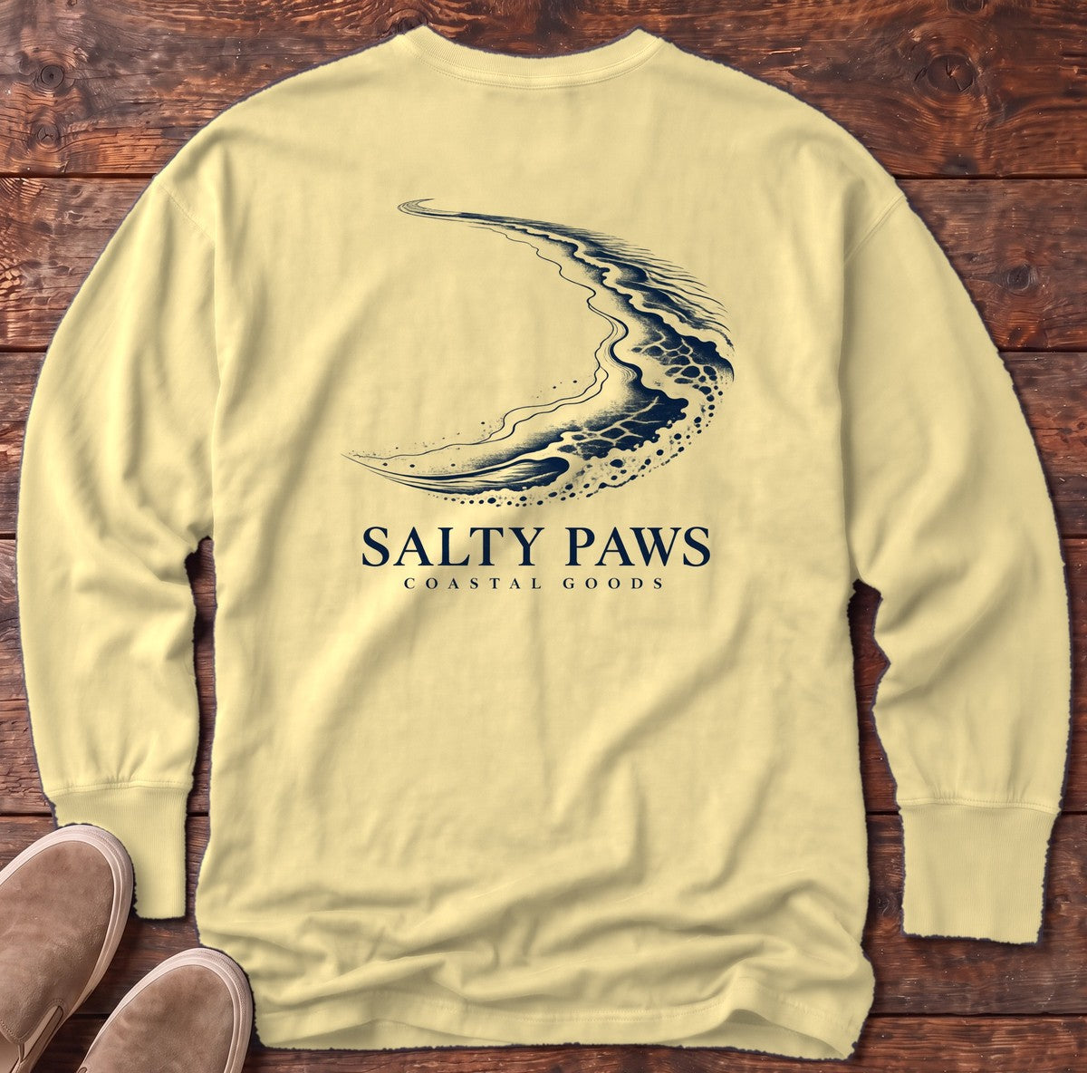 Crescent Shoreline Coastal Goods Back Design Long Sleeve Tee in Butter, Salty Paws Comfort Colors Long Sleeve Tee, back design flat lay