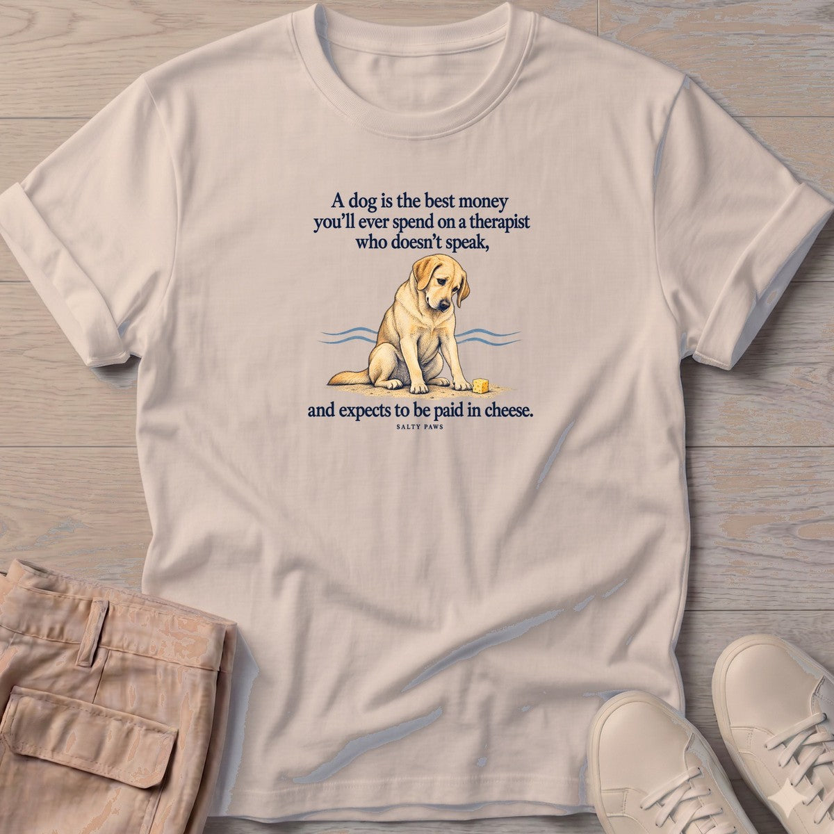 Paid in Cheese Yellow Lab T-Shirt in Sand, Salty Paws T-Shirt, front design flat lay