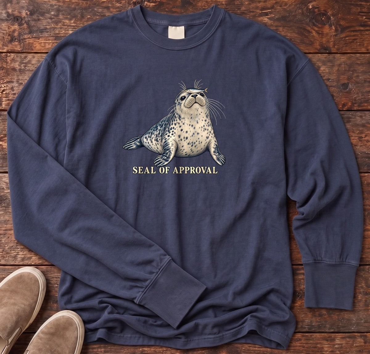 Seal of Approval Long Sleeve Tee in True Navy, Salty Paws Comfort Colors long sleeve tee