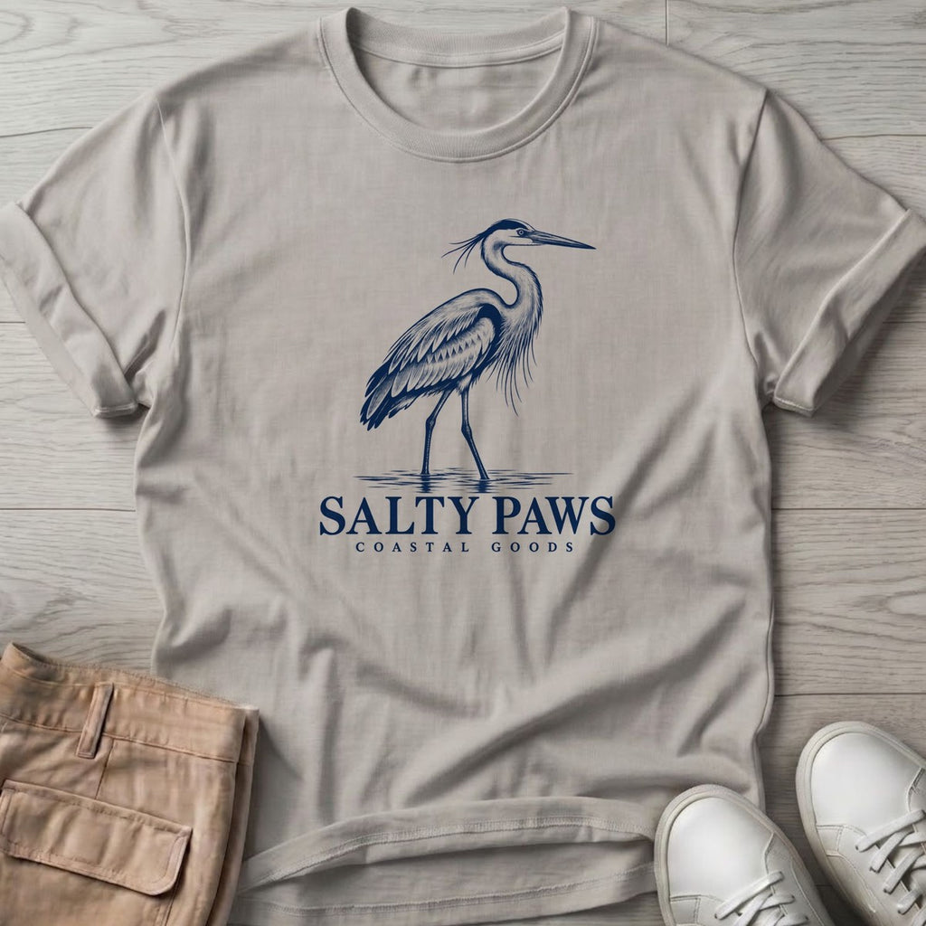 Great Blue Heron Coastal Goods T-Shirt in Ice Grey, Salty Paws T-Shirt, front design flat lay