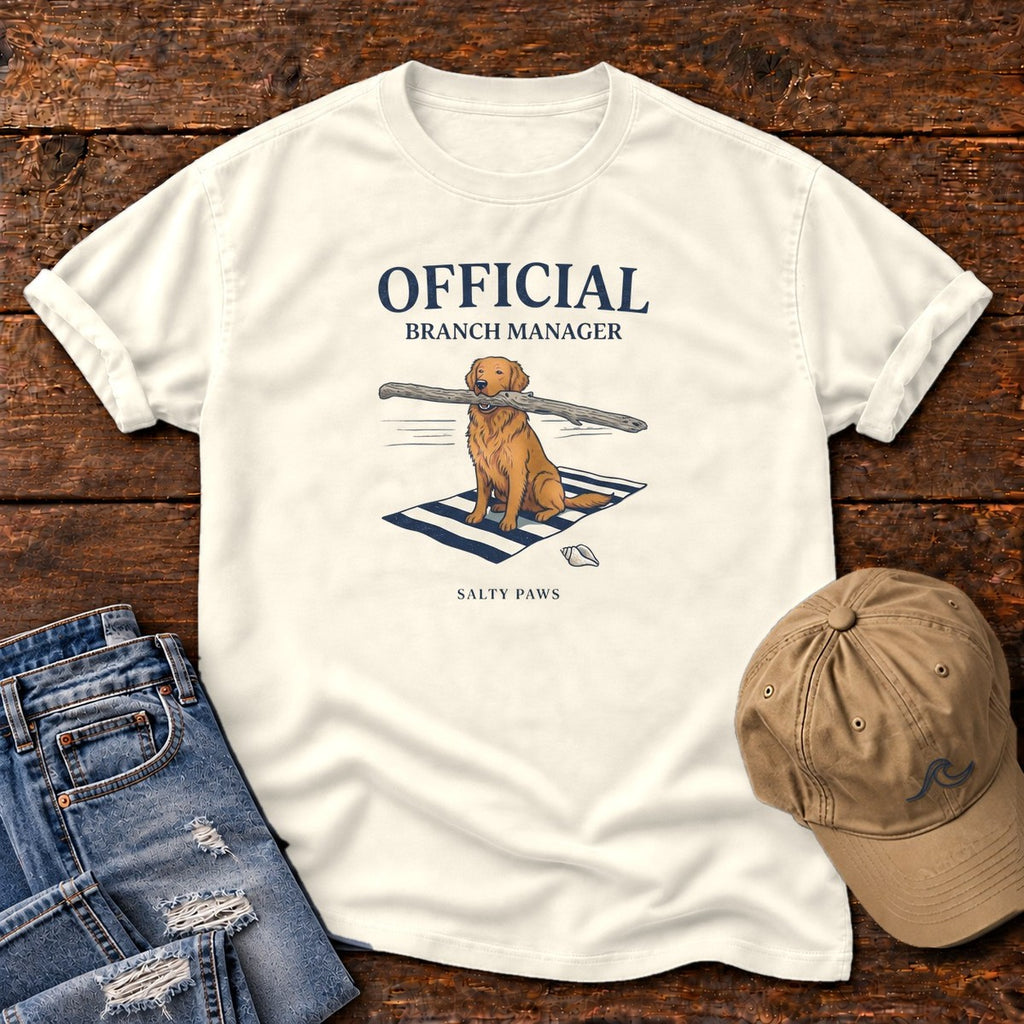 Official Branch Manager Golden Retriever Comfort Colors T-Shirt in Ivory, front design flat lay