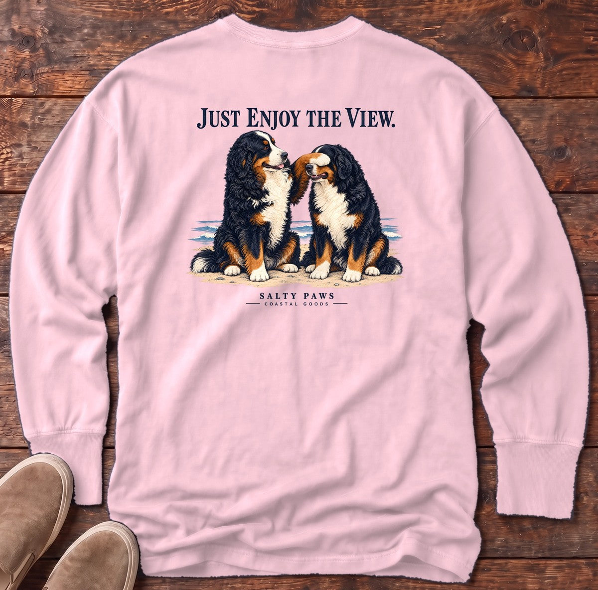 Just Enjoy the View Bernese Back Design Long Sleeve Tee in Blossom, Salty Paws Comfort Colors long sleeve tee