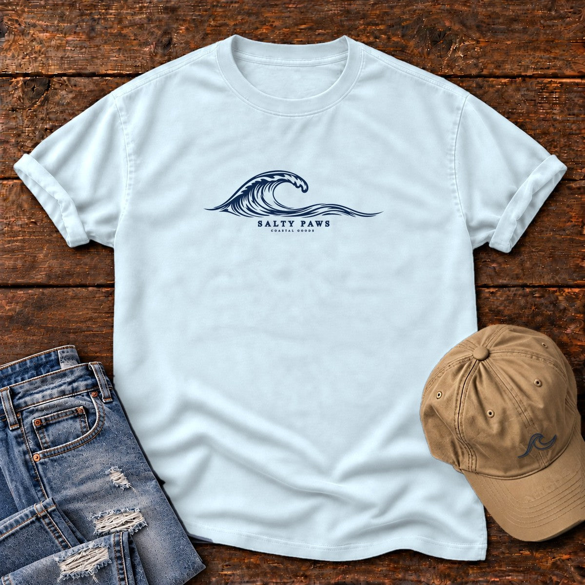 Salty Paws Coastal Wave T-Shirt in Chambray, Salty Paws Comfort Colors T-Shirt, front design flat lay