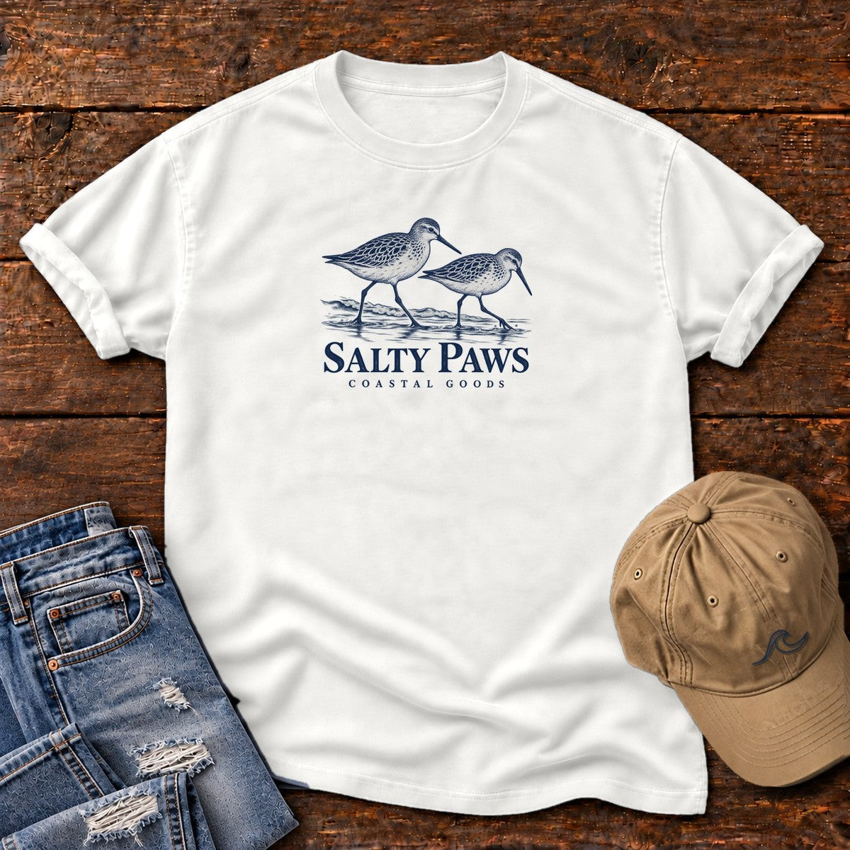 Two Sandpipers T-Shirt in White, Salty Paws Comfort Colors T-Shirt, front design flat lay
