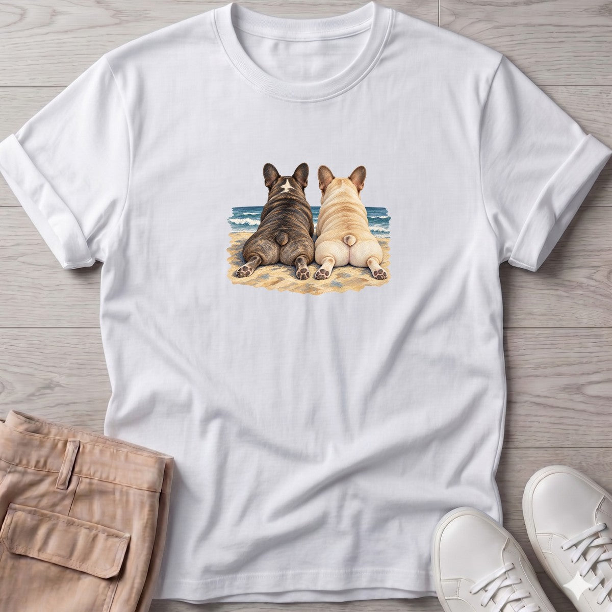 Two French Bulldogs at the Ocean T-Shirt in White, Salty Paws T-Shirt, front design flat lay