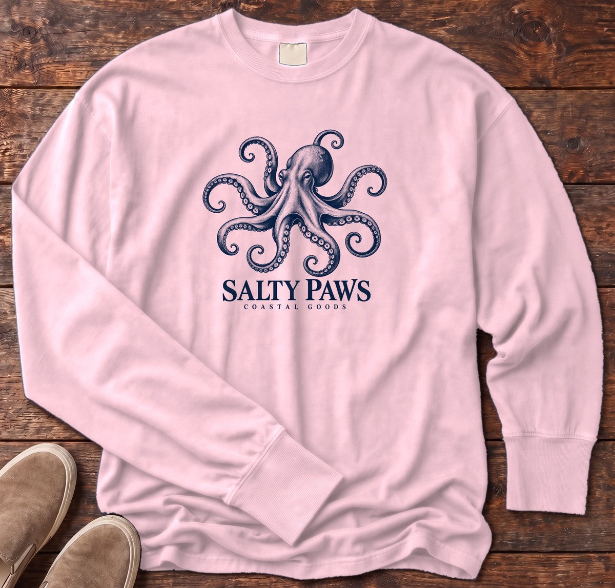 Octopus Coastal Goods Long Sleeve Tee in Blossom, Salty Paws Comfort Colors Long Sleeve Tee, front design flat lay